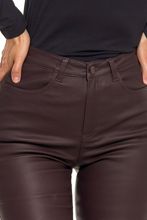 Spodnie Damskie Woskowane Skinny Wysoki Stan Brąz Eko Skóra Rurki r. 40