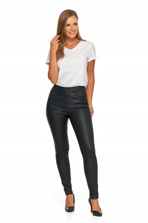 Spodnie Damskie Woskowane Skinny Wysoki Stan Czarne Eko Skóra Rurki r. 36