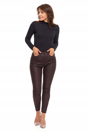 Spodnie Damskie Woskowane Skinny Wysoki Stan Brąz Eko Skóra Rurki r. 38