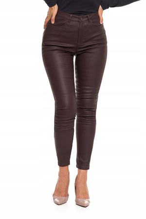 Spodnie Damskie Woskowane Skinny Wysoki Stan Brąz Eko Skóra Rurki r. 38