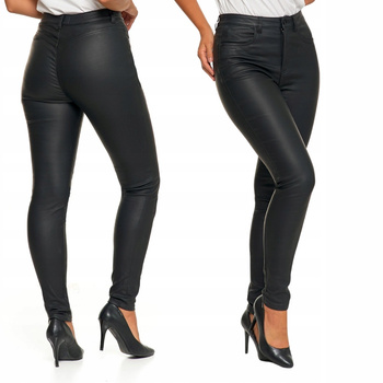 Spodnie Damskie Woskowane Skinny Wysoki Stan Czarne Eko Skóra Rurki r. 38