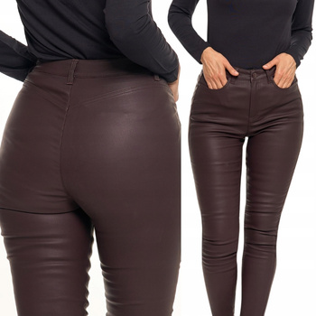 Spodnie Damskie Woskowane Skinny Wysoki Stan Brąz Eko Skóra Rurki r. 38