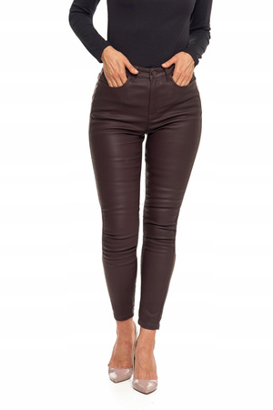 Spodnie Damskie Woskowane Skinny Wysoki Stan Brąz Eko Skóra Rurki r. 36